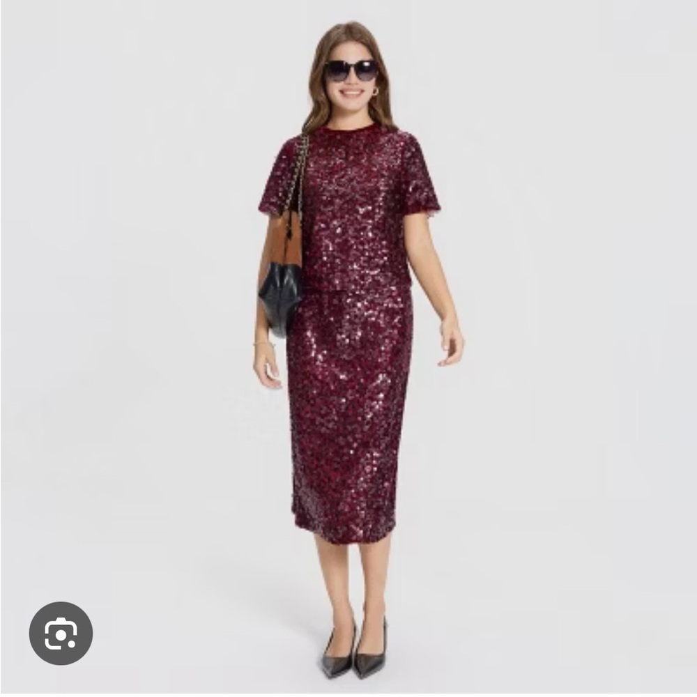 NWT Target A New Day burgundy sequin top and midi skirt set, size XL